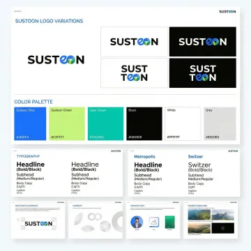 Brand identity guidelines showing logo applications, color systems, and typography