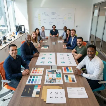 Startup team collaborating on brand identity strategy with design mockups and brand boards