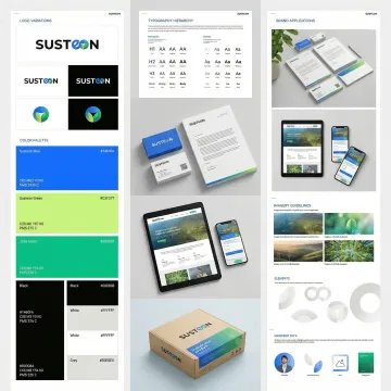 Designer reviewing brand identity system with color palettes, typography samples, and logo variations