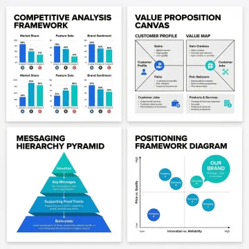 Brand messaging framework documents showing value proposition and positioning strategy