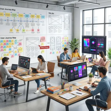 Team collaborating on UI/UX design strategy session with wireframes and user flows