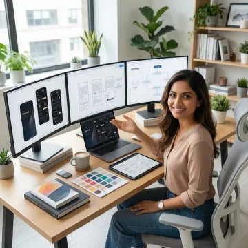 Professional UI/UX designer working on digital interface designs with multiple screens showing user flows and prototypes