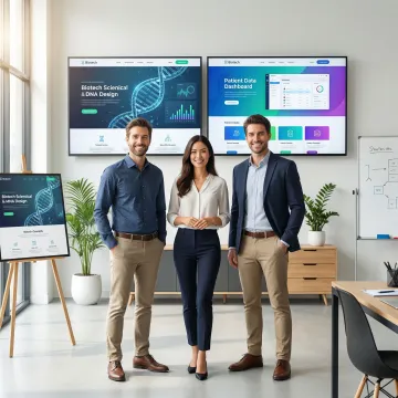 Designer presenting biotech website mockups on large monitor showing scientific data visualizations