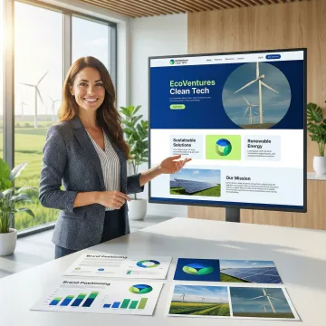 Renewable energy marketing strategy session with solar and wind technology visualizations
