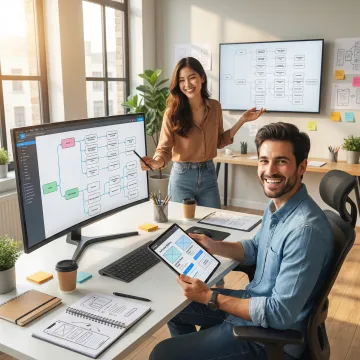 Design team collaborating on user interface wireframes and prototypes on digital screens