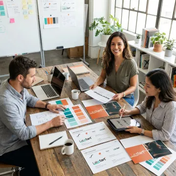 Professional brand refresh strategy session with design elements and brand guidelines