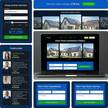 Solar company website wireframes showing user journey from homepage to lead capture