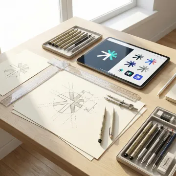 Professional minimalist logo design sketches and final logo concepts on designer's workspace