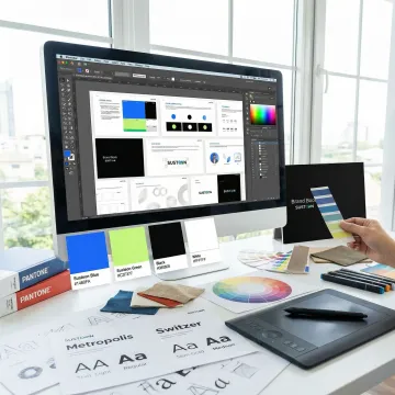 Professional graphic designer working on brand identity design with color palettes and typography on computer screen