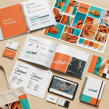 Brand design process showing strategy documents, mood boards, and final visual identity elements