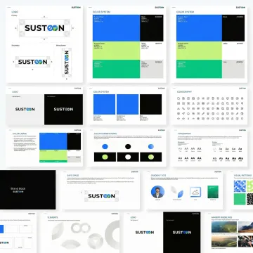 Brand visual system components including color palette, typography hierarchy, and design elements