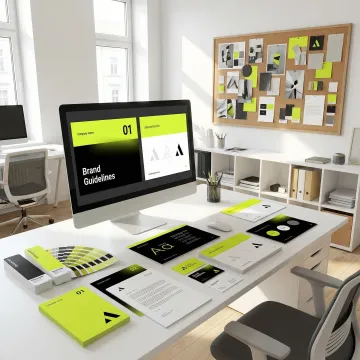 Professional brand visual language design process showing logo systems, color palettes, and typography guidelines