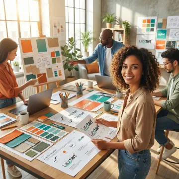 Professional design team collaborating on brand strategy and visual identity materials