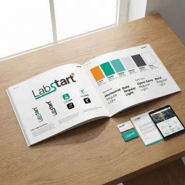 Professional brand identity presentation showing logo variations and color palette applications