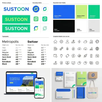 Comprehensive brand visual language system showing logo, color palette, typography, and application examples