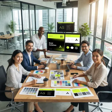 Professional brand strategy workshop with stakeholders reviewing positioning frameworks and visual identity concepts