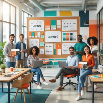 Professional design team collaborating on corporate branding strategy for MVP startup