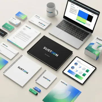 Corporate brand identity system with logo, color palette, typography, and marketing materials