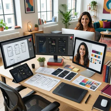 Professional UI/UX designer creating modern web and mobile interface designs on multiple screens