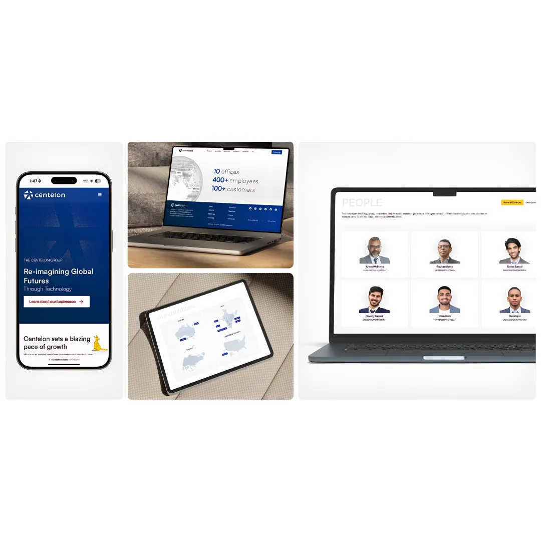 Team collaborating on website design with multiple device mockups displayed
