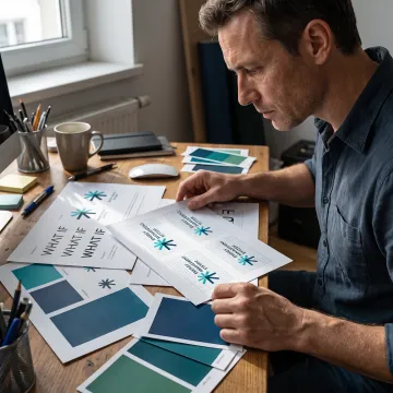 Energy management logo concepts on a design board