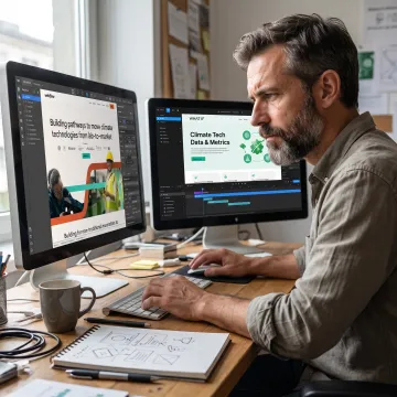 Designer comparing Webflow and Framer website prototypes