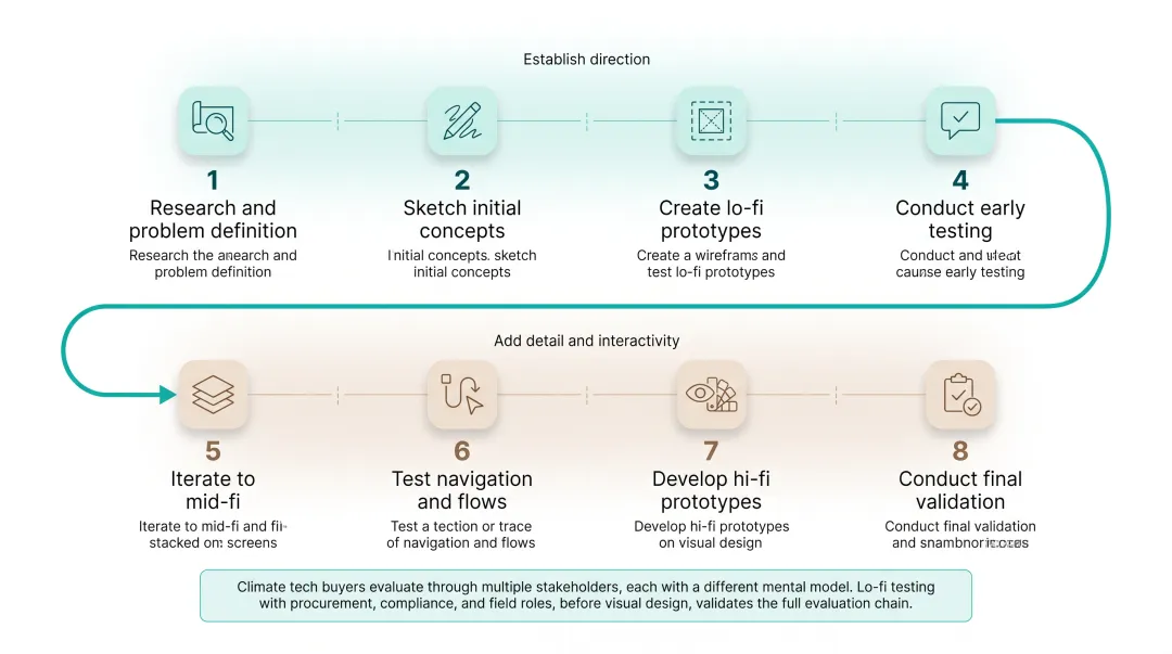 Infographic showing the eight-step UX prototyping process from research through final validation