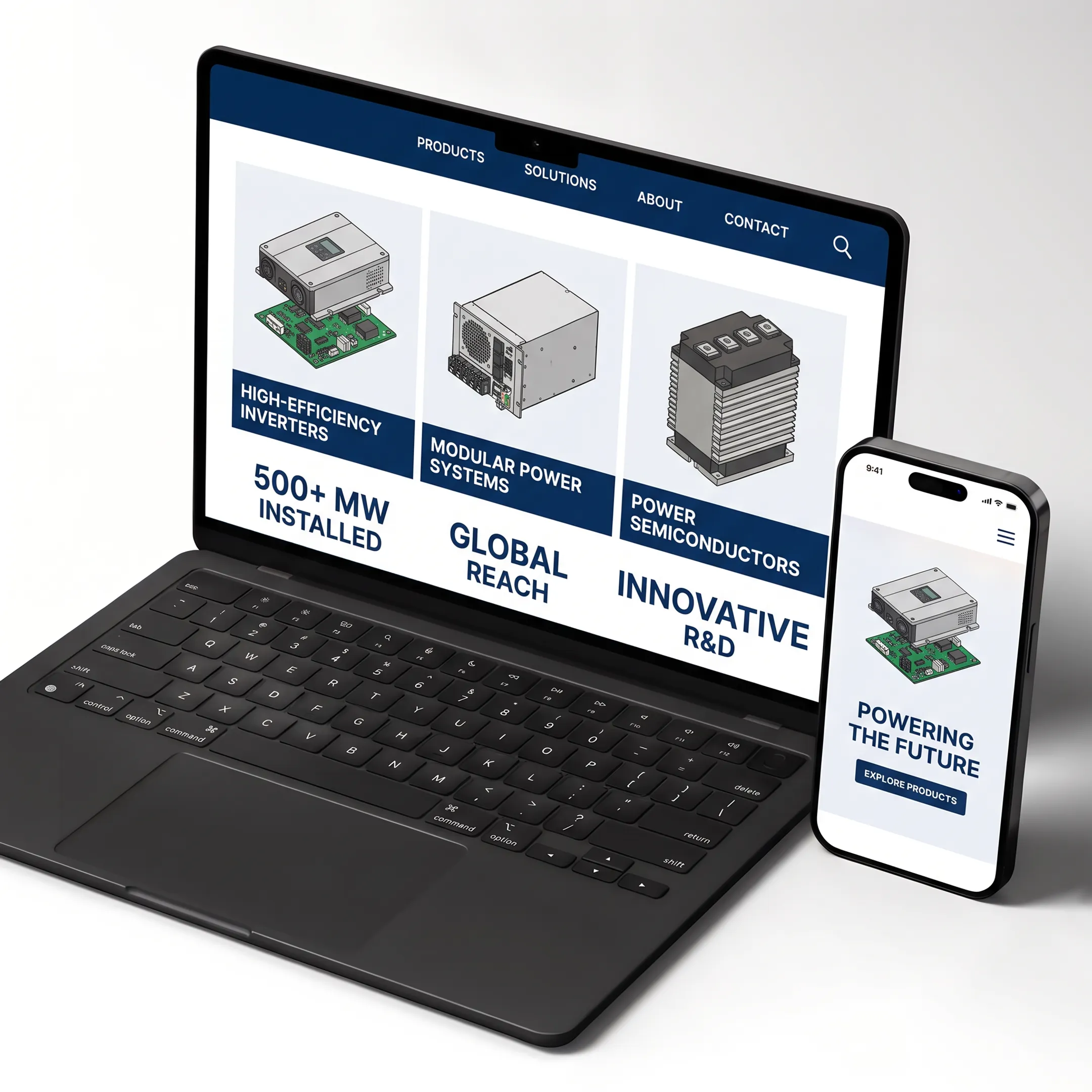 Power electronics website design shown on desktop and mobile screens