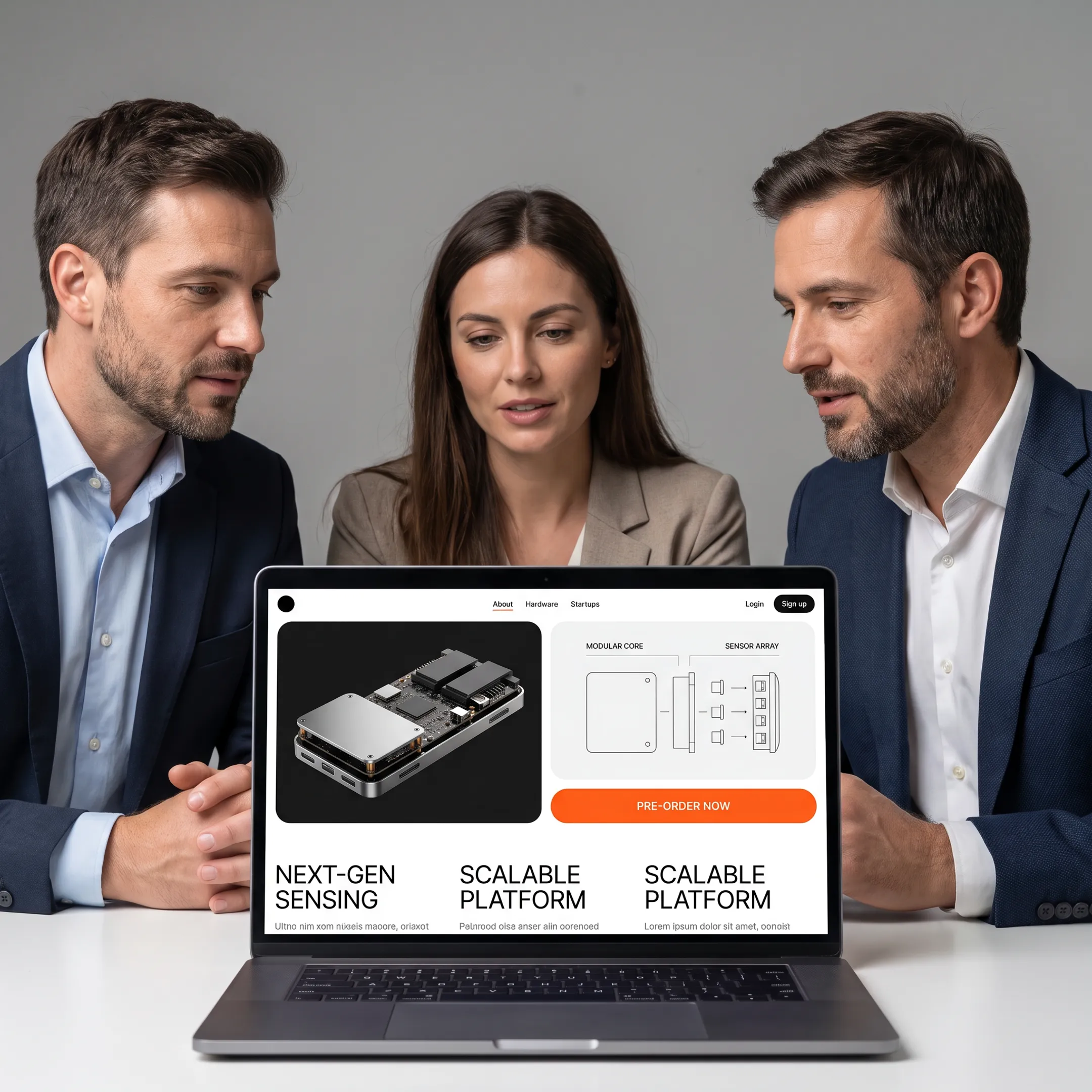 Design team reviewing a hardware startup website on a large screen