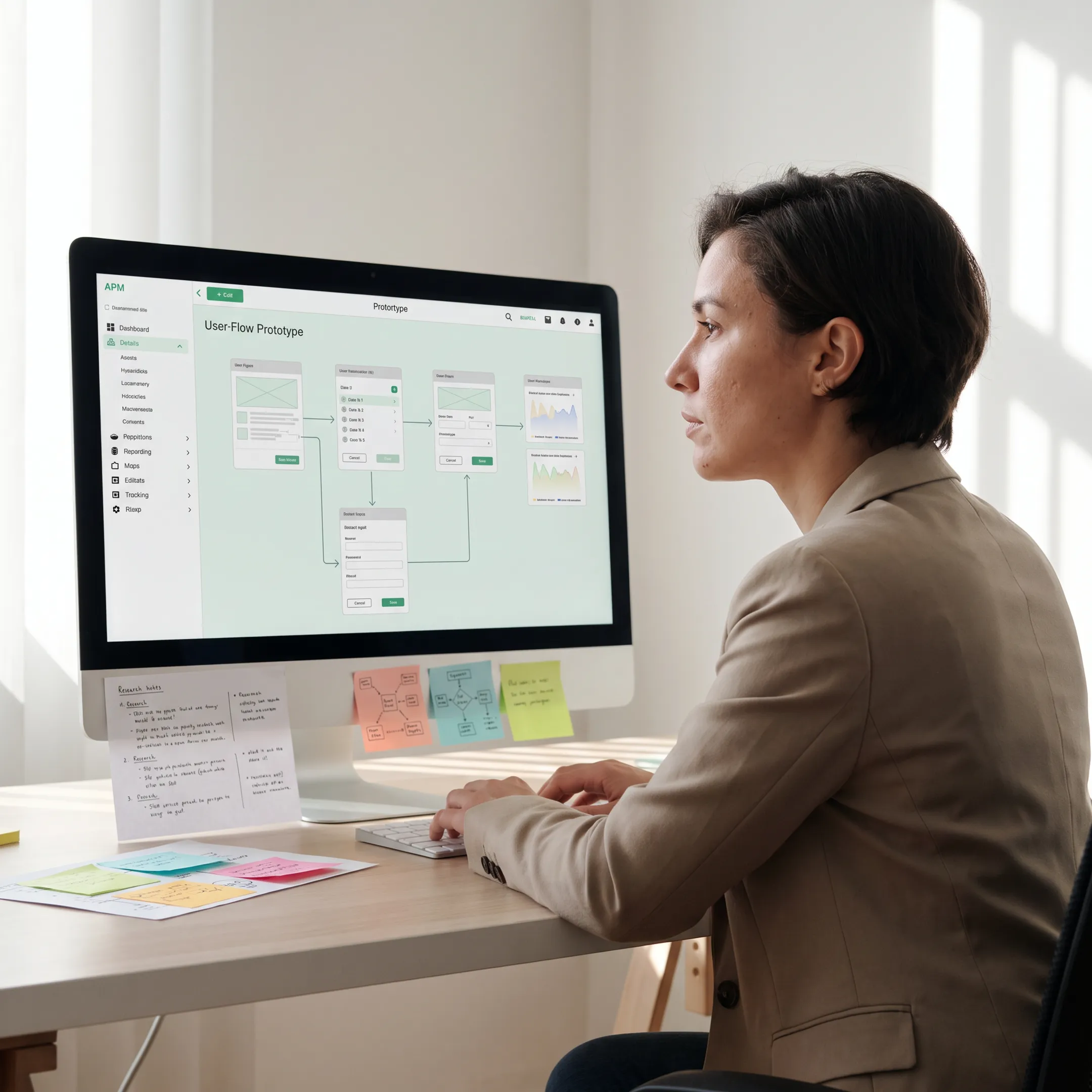 Designer reviewing a B2B tech UX prototype