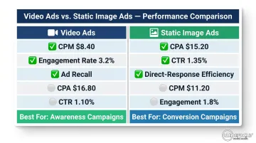 Video versus static image ad performance comparison infographic for paid social