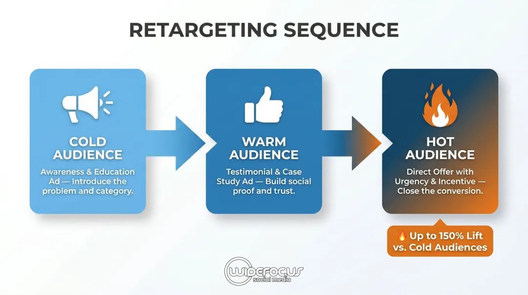 Three-step paid social retargeting sequence from cold audience to hot conversion