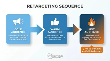 Three-step paid social retargeting sequence from cold audience to hot conversion