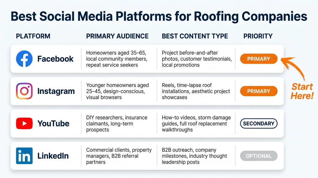 Four social media platforms comparison guide for roofing companies priority chart