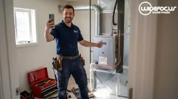 Contractor filming authentic HVAC installation walkthrough video on smartphone jobsite
