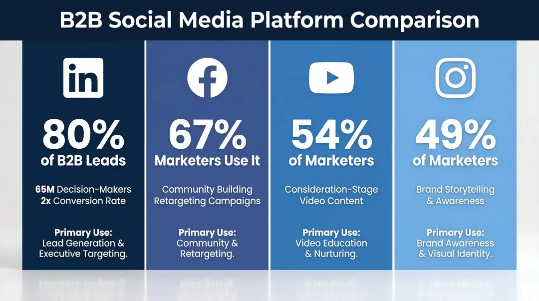 B2B social media platform comparison showing LinkedIn dominance and lead generation stats