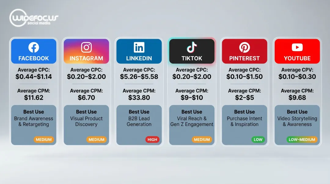 Social media platform ad cost comparison chart CPC CPM and best use cases