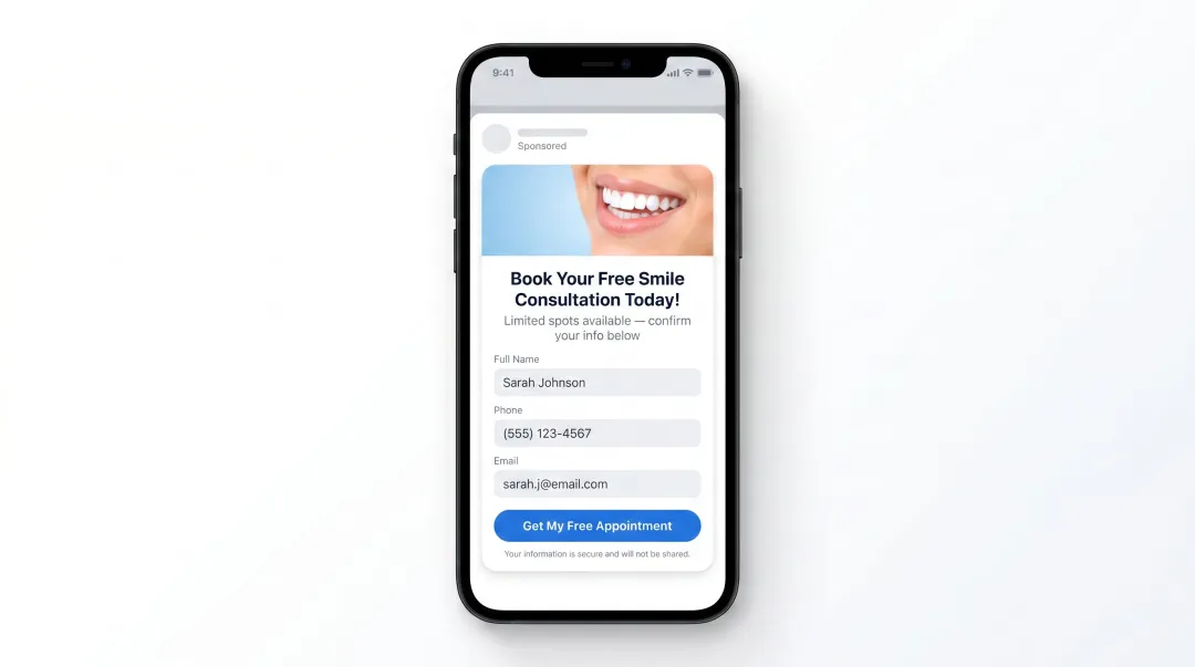 Meta Lead Ads mobile form interface showing dental appointment booking submission flow