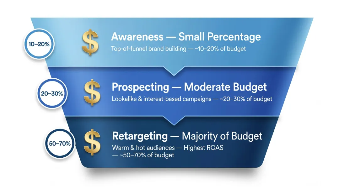 Paid social funnel budget allocation breakdown retargeting prospecting awareness percentages