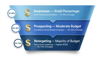 Paid social funnel budget allocation breakdown retargeting prospecting awareness percentages
