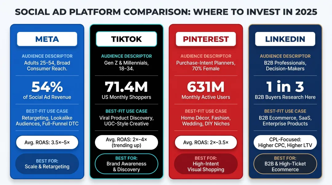 Ecommerce paid social platform comparison Meta TikTok Pinterest LinkedIn by use case