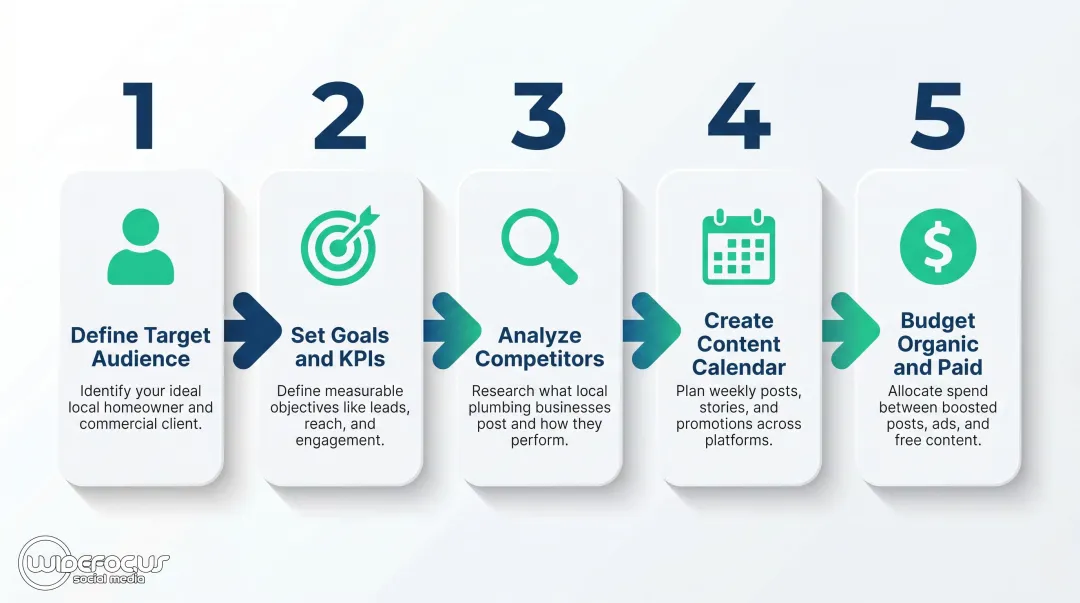 Five-step plumbing social media strategy from audience definition to paid budget