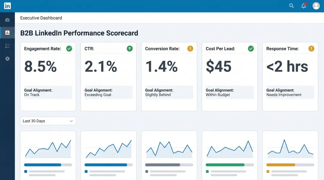 B2B LinkedIn scorecard dashboard showing engagement CTR conversion and cost per lead metrics
