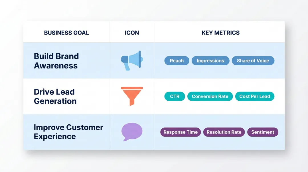 Social media scorecard goal to metric mapping table for three business objectives