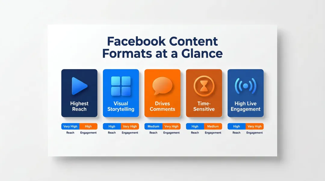 Five Facebook content formats comparison with reach and engagement characteristics