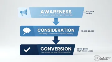 Three-stage martial arts paid social funnel awareness consideration conversion diagram