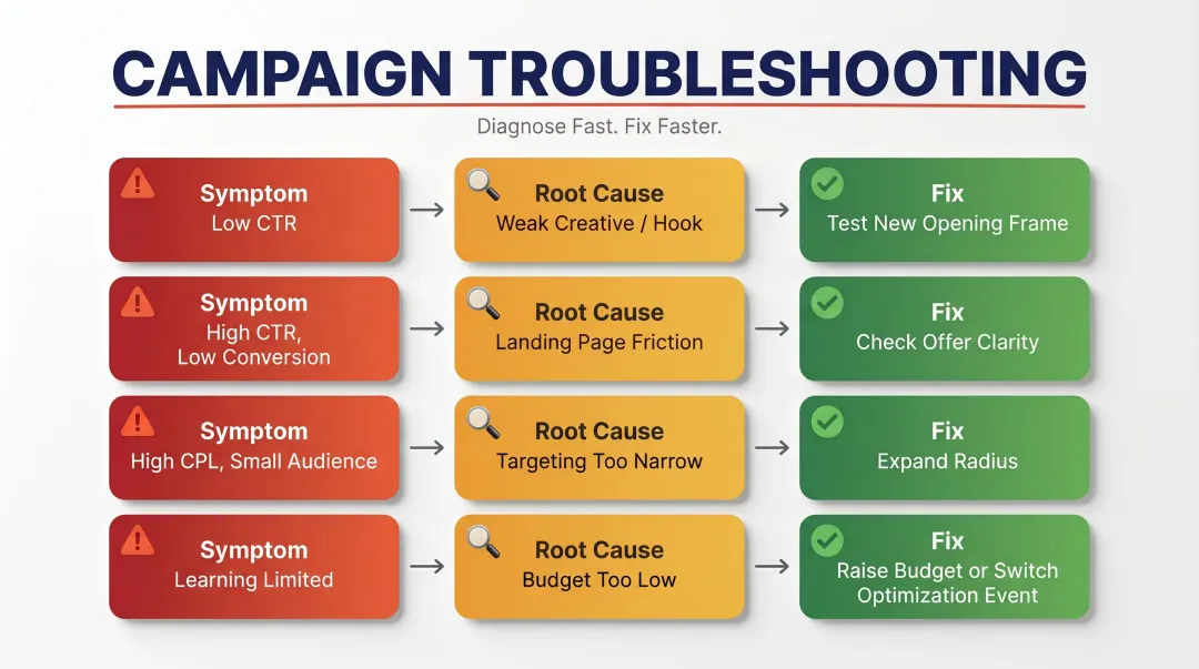 Four-scenario paid social campaign diagnostic troubleshooting guide for martial arts schools