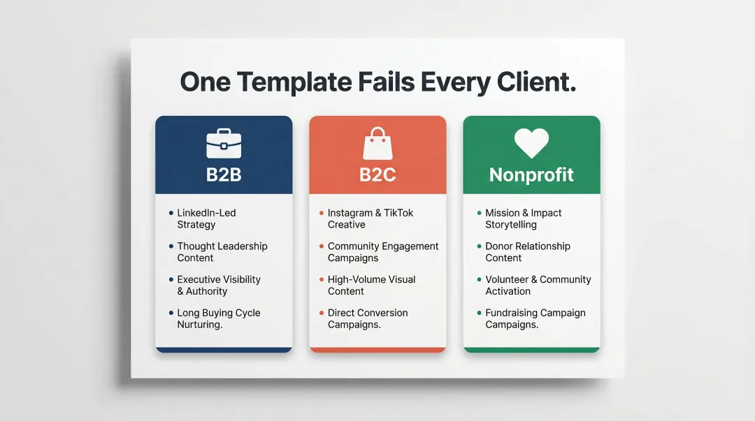 B2B B2C and nonprofit social media strategy comparison three-column infographic