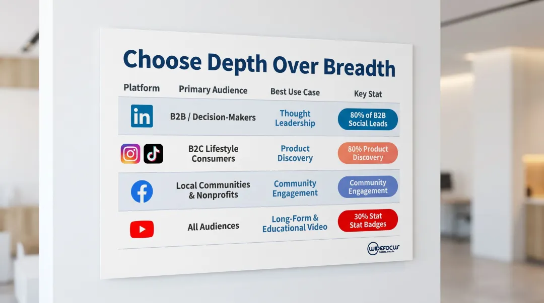 Social media platform selection guide by audience type and business goal infographic