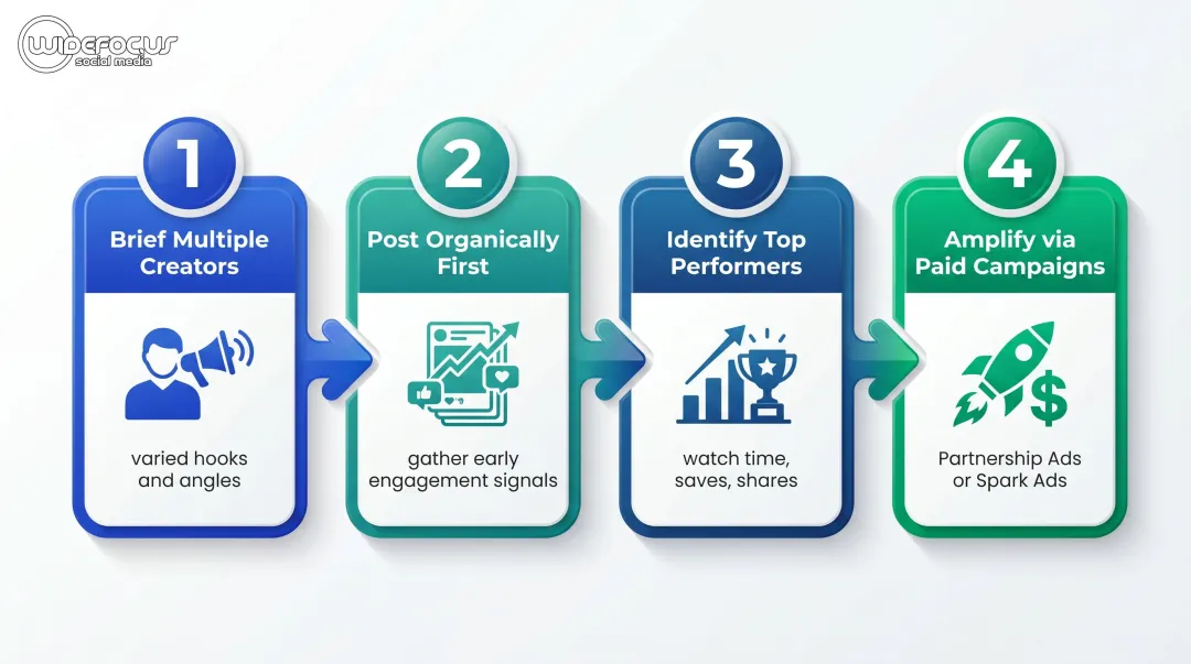 4-step creator content testing to paid amplification workflow process infographic